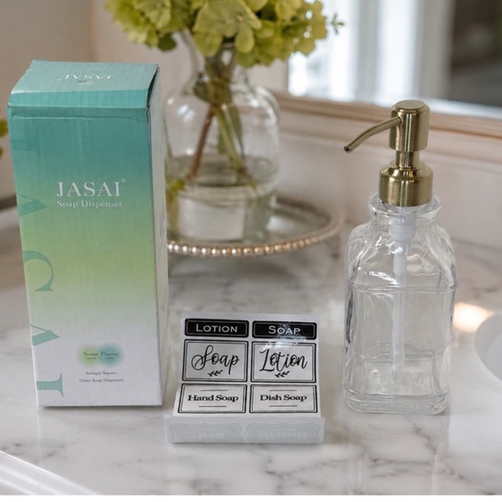 JASAI Antique Square Glass Soap‎ Dispenser 12oz Clear Gold Pump Labels NEW 81-12